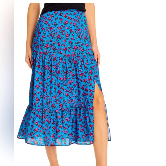 Paige Bestia Floral Print Tiered Teal With Magneta Flowers Midi Skirt - Picture 4 of 11